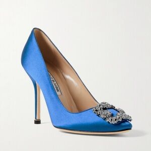Manolo Blahnik Hangisi Blue Satin Jewel Buckle Pumps - NEW IN BOX